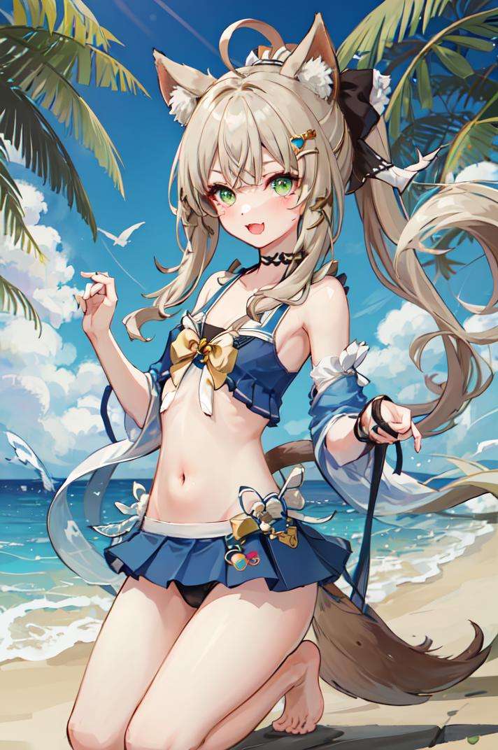 masterpiece, best quality, <lora:Genshin_Kirara_AP_v1:0.6:LESS>, 1girl, head, green eyes, animal ears, ahoge, (long straight hair:1.2), ponytail, hair ornament, bare shoulders, small breasts, navel, bare arms, barefoot, (two tails:1.1),happy, open mouth, fang, blush, (white swimsuit), frills, (white bikini), ribbon, beach, 