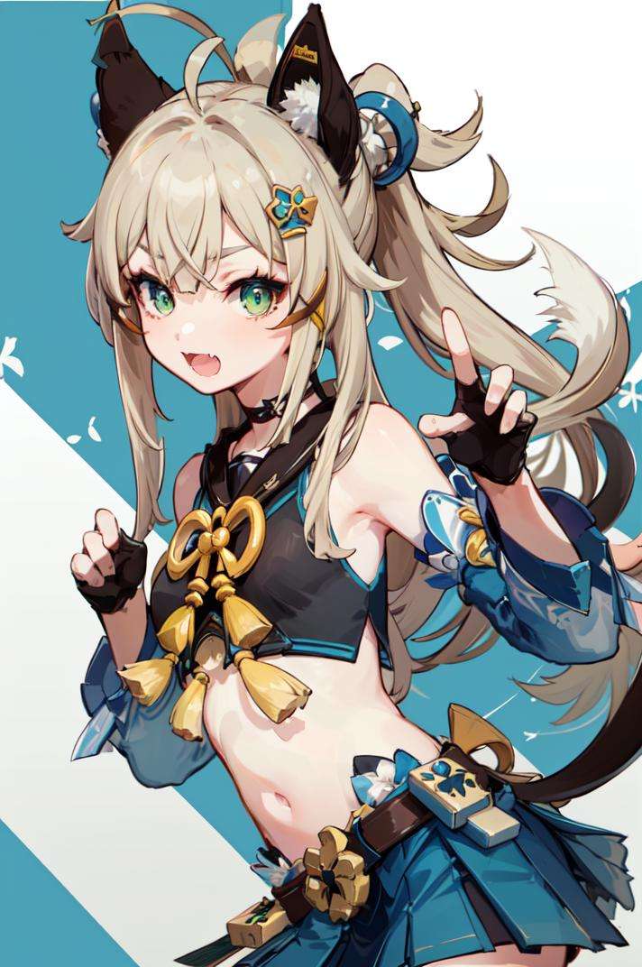 masterpiece, best quality, <lora:Genshin_Kirara_AP_v3:0.7:LESS>, 1girl, official, head, green eyes, animal ears, ahoge, (long hair:1.3), ponytail, hair ornament,bare shoulders, (black crop top:1.3), small breasts, navel, detached sleeves, elbow gloves, fingerless gloves, (two tails:1.1), skirt,happy, open mouth, fang, cinematic angle, blue background