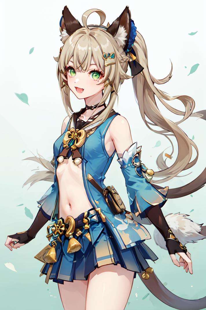 masterpiece, best quality, <lora:Genshin_Kirara_AP_v3:0.7:LESS>, 1girl, official, head, green eyes, animal ears, ahoge, (long hair:1.2), ponytail, hair ornament,bare shoulders, small breasts, navel, detached sleeves, elbow gloves, fingerless gloves, (two tails:1.1), skirt,happy, open mouth, fang, cinematic angle, blue background