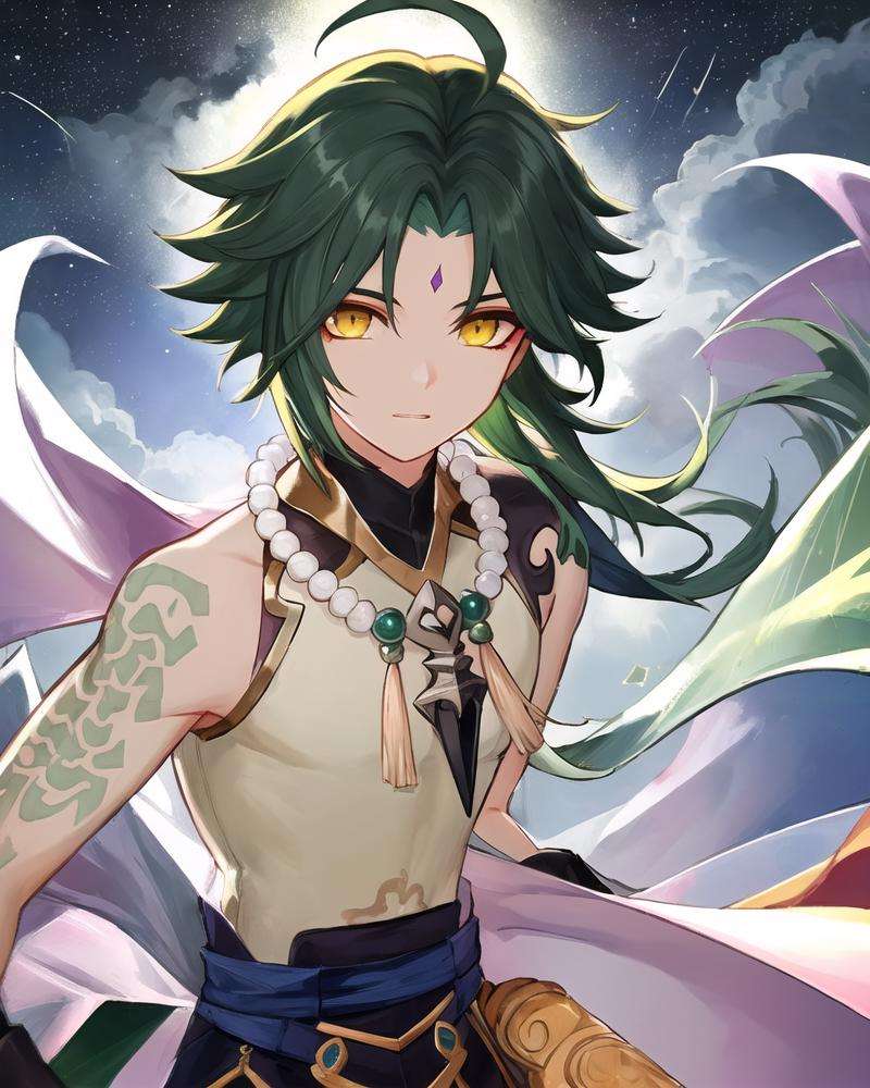 ((masterpiece)), ((best quality)), ultra detailed,((illustration)), dynamic angle, detailed light, (delicate eyes), floating, <lora:Genshin_Xiao_AP_v2:0.65>, 1boy, male focus, head, clothing, dark green hair, yellow eyes, necklace, tattoo, (forehead:0.8), ahoge, jewelry, gloves,(starry sky), flying_leaves, wind, cloud, 