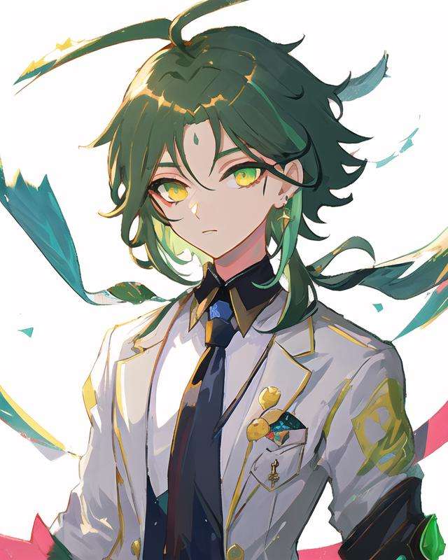 ((masterpiece)), ((best quality)), ultra detailed,((illustration)), dynamic angle, detailed light, (delicate eyes), floating, <lora:Genshin_Xiao_AP_v2:0.5>, 1boy, head, flat chest, yellow eyes, (forehead:0.8), (ahoge:0.8), green hair, (multicolored hair:0.7), (white blazer:1.4), collarbone, necktie, jacket, muscular, earrings,tie,buttons,pockets,pocket watch pendant,simple background,upper body, looking at viewer, light particles