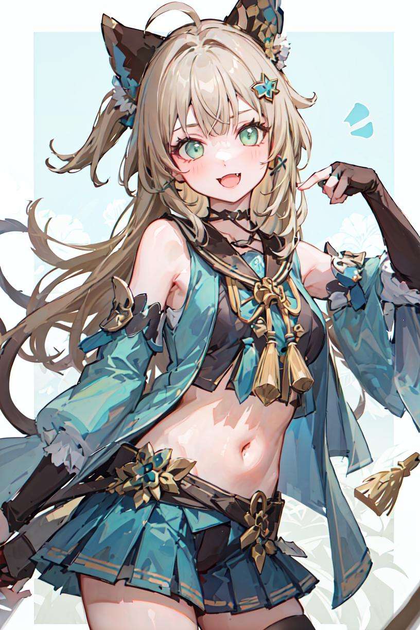 masterpiece, best quality, 1girl, official, green eyes,ahoge, hair ornament, bare shoulders, navel, detached sleeves, elbow gloves, fingerless gloves, tail, skirt,happy, open mouth, fang, upper body, 