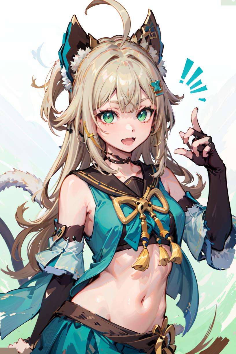 masterpiece, best quality, <lora:Genshin_Kirara_AP_v2:0.75>,1girl, official, green eyes,ahoge, hair ornament, bare shoulders, navel, detached sleeves, elbow gloves, fingerless gloves, tail, skirt,happy, open mouth, fang, upper body,  simple background, green background, white background, 