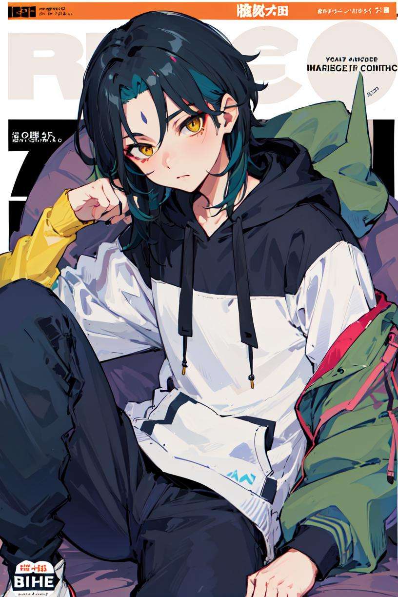 masterpiece, best quality, 1boy, male focus, yellow eyes,  <lora:Genshin_Xiao_AP_v3:0.7>, (hoodie:1.2), (magazine cover:1.0), simple background,