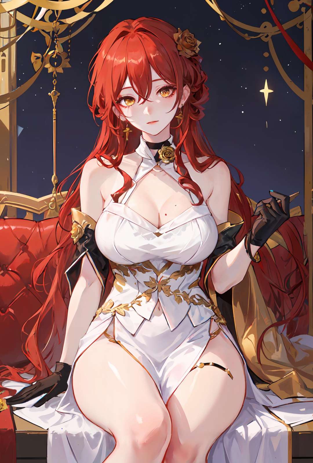 masterpiece, best quality, <lora:StarRail_Himeko_AP_v1:0.65:LESS>,1girl, head, official,yellow eyes, red hair, long hair, large breasts, (mole:0.8),single earring, white dress, black jacket, (golden rose on neck:1.1), black gloves, thighs,starry sky, (sitting:1.1),from below, looking at viewer, arm support, arm at side,