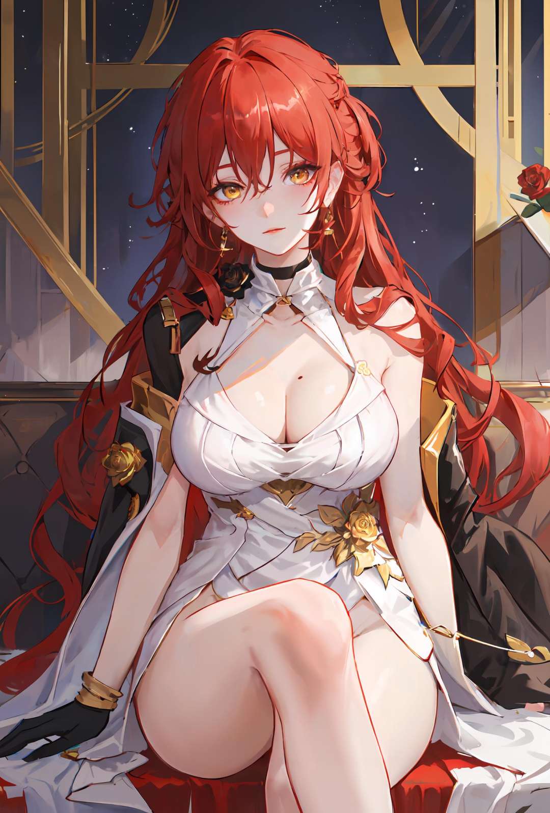 masterpiece, best quality, <lora:StarRail_Himeko_AP_v1:0.65:LESS>,1girl, head, official,yellow eyes, red hair, long hair, large breasts, (mole:0.8),single earring, white dress, black jacket, (golden rose on neck:1.1), black gloves, thighs,starry sky, (sitting:1.1),from below, looking at viewer, arm support, arm at side,