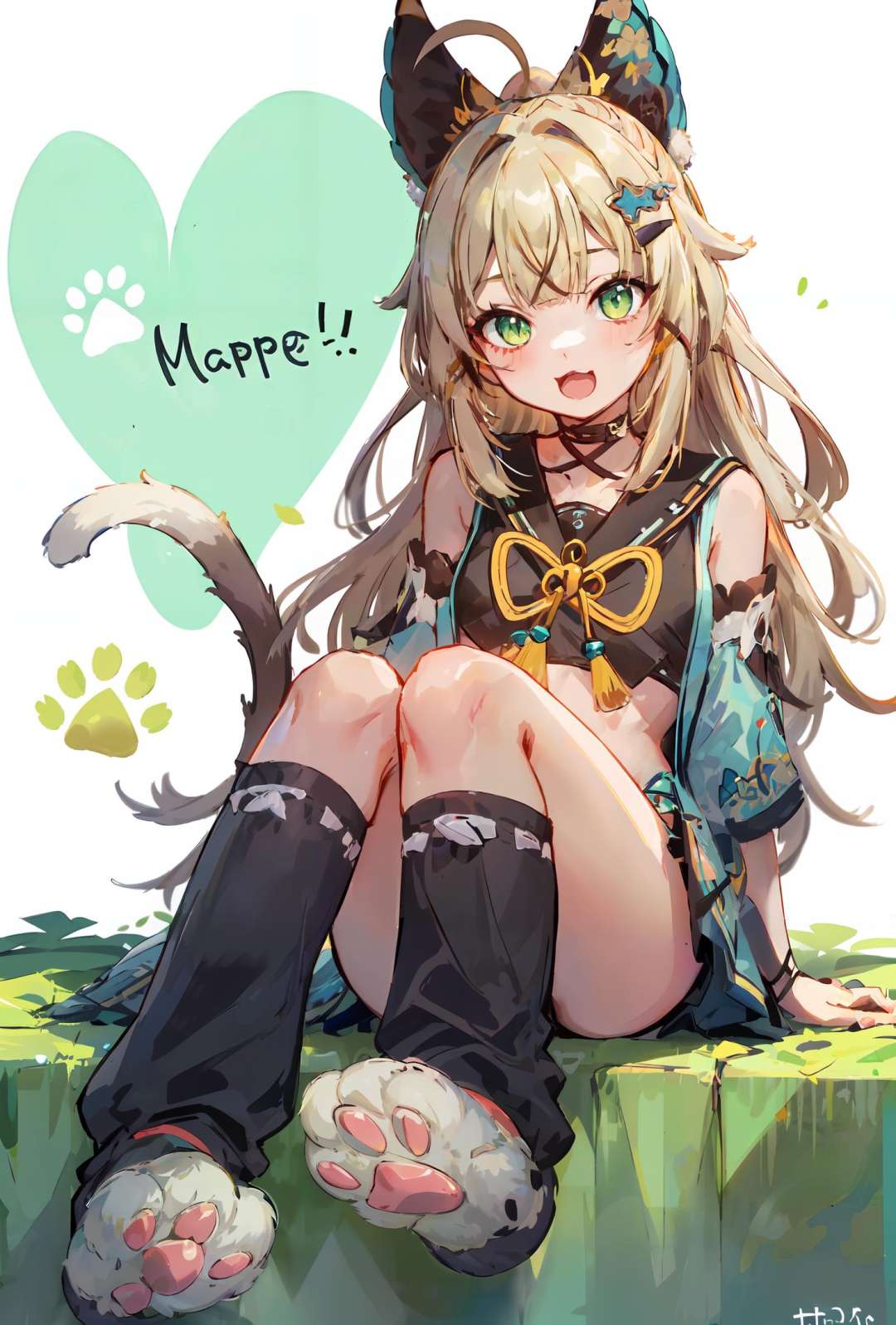 masterpiece, best quality, 1girl, green eyes, official, two tails, paw,<lora:Genshin_Kirara_AP_v3:0.75>, simple background, looking at viewer, open mouth, heart, paw print, happy, :3, green background, (foot focus:1.1), paw shoes,