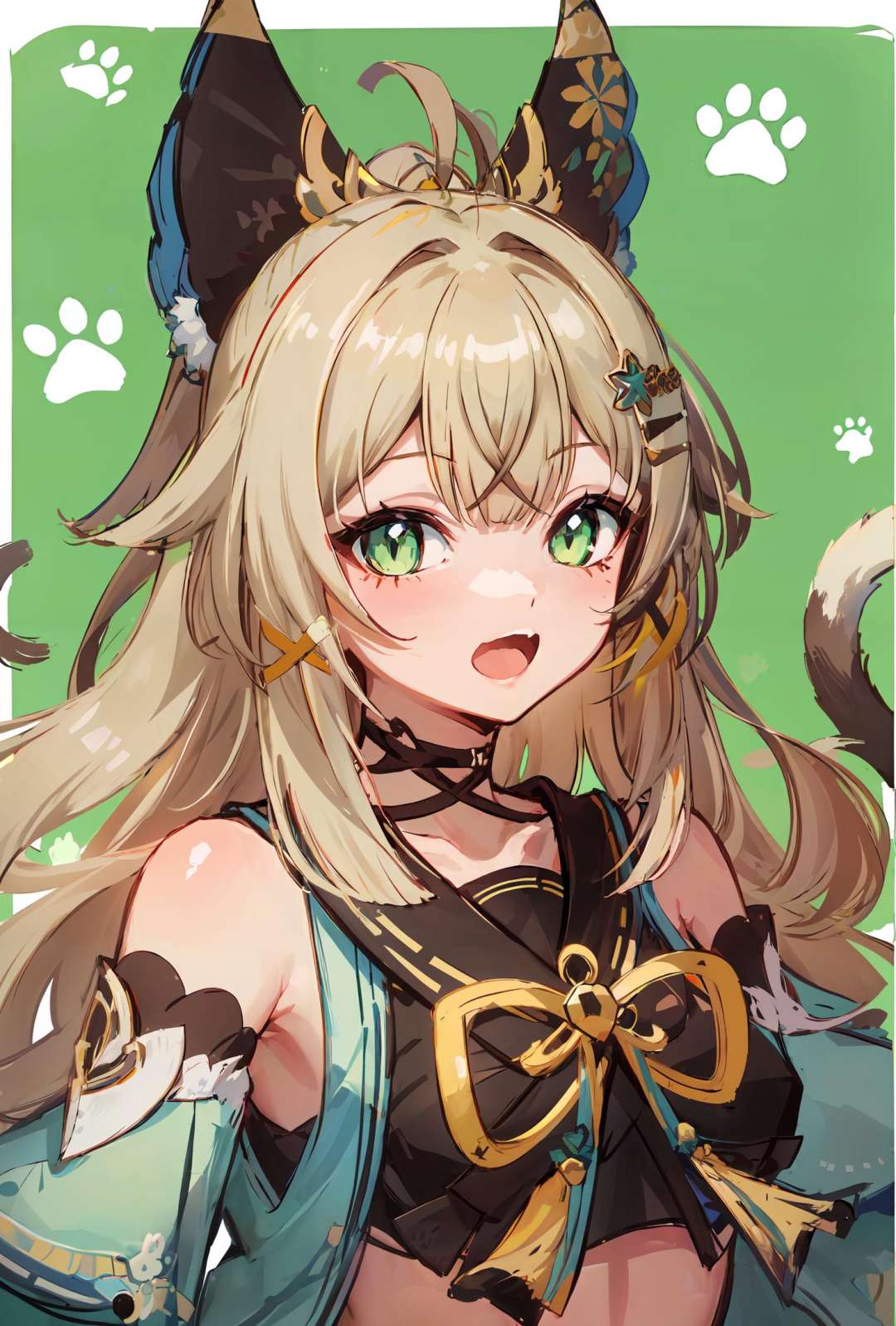 masterpiece, best quality, 1girl, green eyes, official, two tails, paw,<lora:Genshin_Kirara_AP_v3:0.75>, simple background, upper body, looking at viewer, open mouth, heart, paw print, happy, :3, green background,