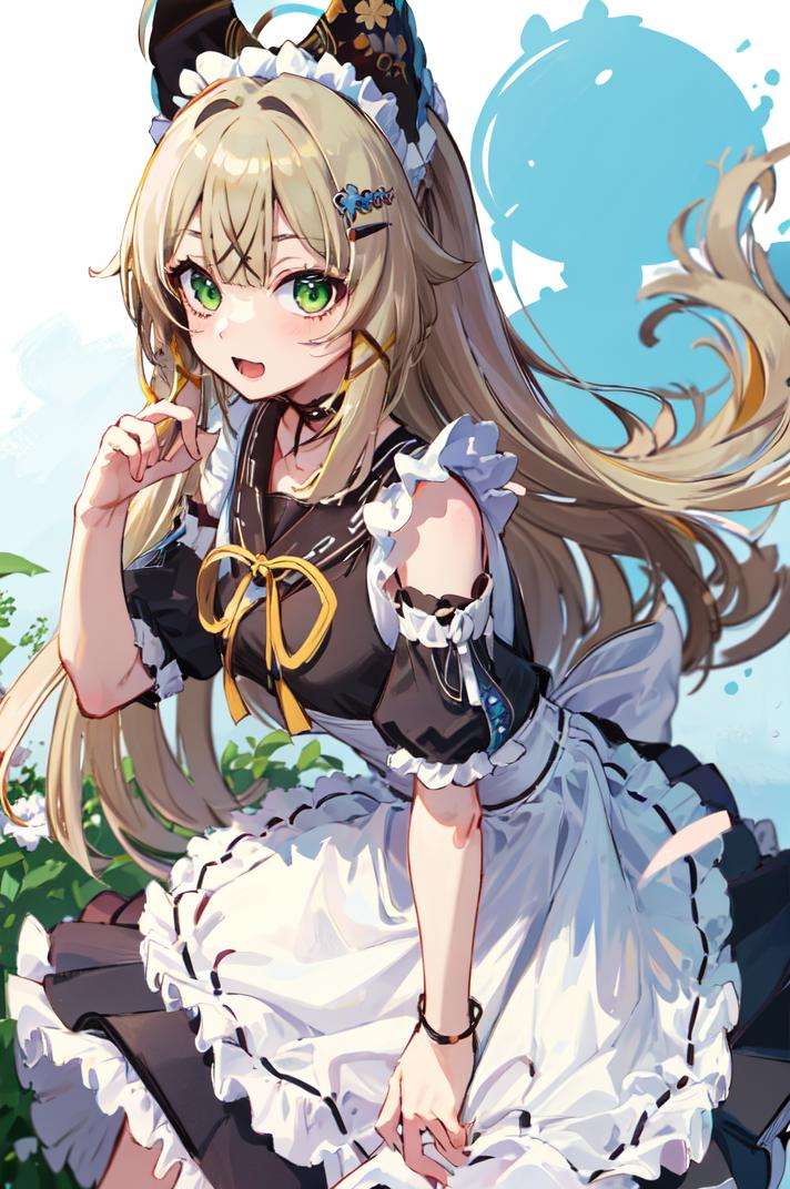 masterpiece, best quality, 1girl, green eyes, <lora:Genshin_Kirara_AP_v3:0.65>, (maid:1.2), frills, ribbon, open mouth, happy, 