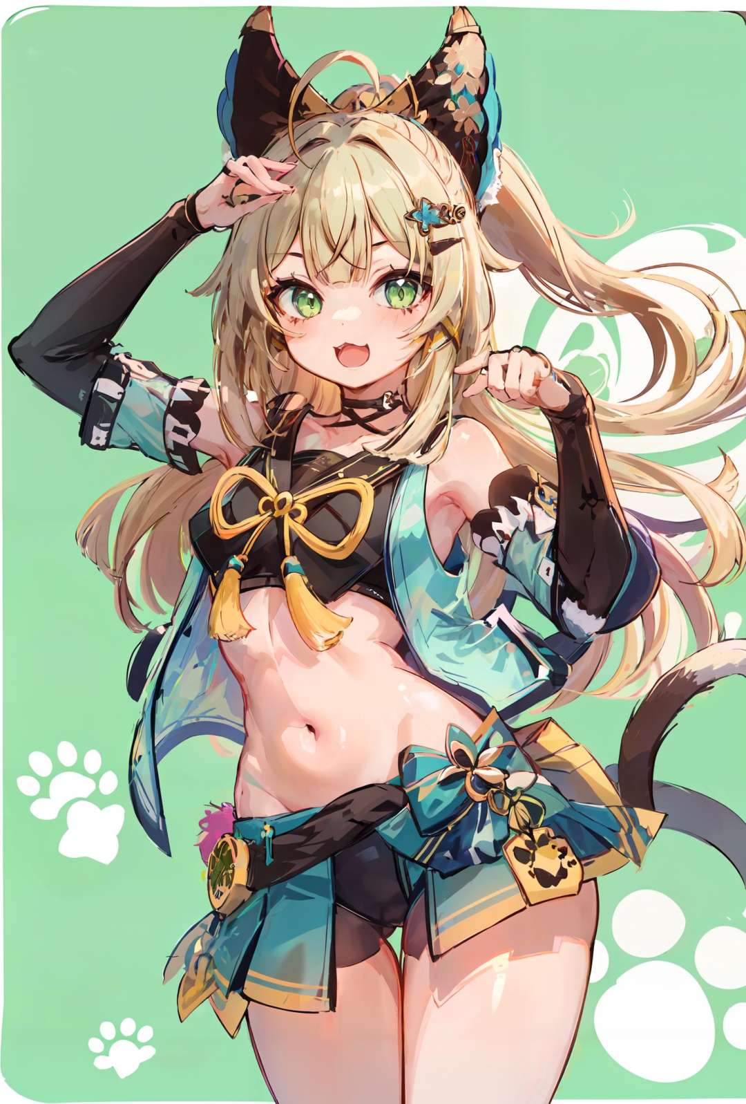 masterpiece, best quality, 1girl, green eyes, official, two tails, paw,<lora:Genshin_Kirara_AP_v3:0.75>, simple background, looking at viewer, open mouth, heart, paw print, happy, :3, green background, navel, thighs,