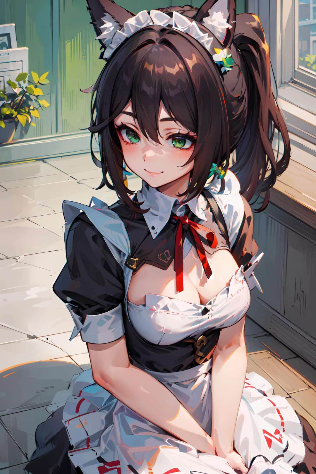 masterpiece, best quality,<lora:StarRail_Tingyun_AP_v1:0.7>, 1girl, brown hair, animal ears, ponytail,hair ornament, green eyes, red eyeshadow, smile,(maid:1.2), (maid headdress:1.2),  indoors,