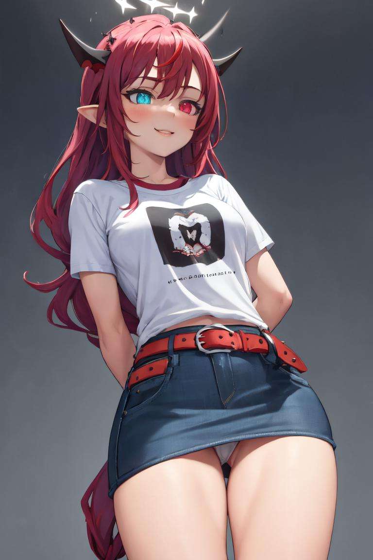 masterpiece, best quality, absurdres, perfect anatomy, 1girl, solo, IrysHolo, heterochromia, long hair, halo, Belted Skirt, denim skirt, miniskirt, t-shirt, smile, arms behind back, medium breasts, from below, panties, <lora:BeltedSkirt:1>, <lora:Irys:0.8>