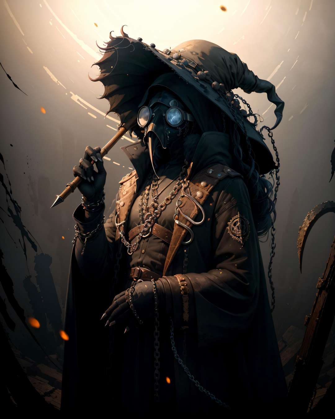 (Masterpiece, Best Quality), highres, (8k resolution), centered, (ultra-detailed), madgod, solo, plague doctor, goggles, hat, chains, black veil, beaked mask, volumetric lighting:1.1, dark, (details:1.2), sharp focus, floating particles, (depth of field), high quality, fuji 85mm, ruins, scenery, extremely detailed background, nightmare, 8k,  intricate, holding, scythe, long fingers, long fingernails, <lora:MADGOD:0.8>