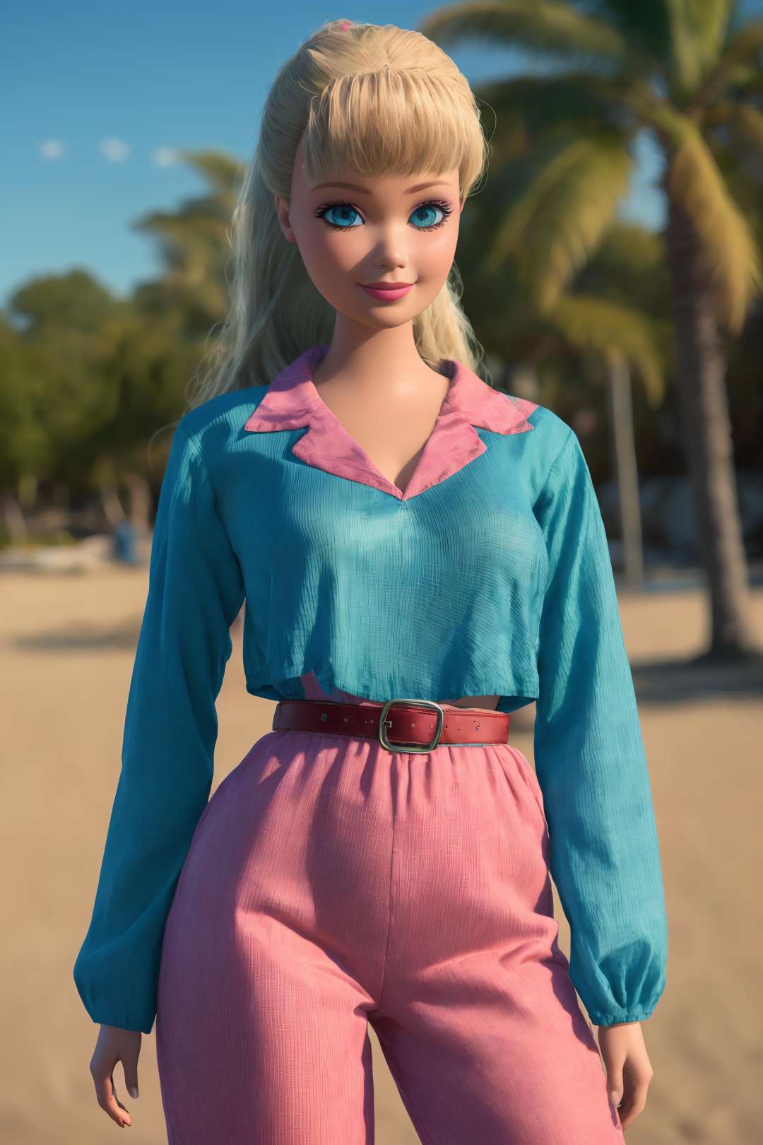 <lora:TS_Barbie-16:0.8>, (masterpiece, best quality), highres, (8k, RAW photo, highest quality), ultra-realistic, 3d, centered, (TS_Barbie), mid shot, (full body:1.2), a cartoon girl in a blue jumpsuit and pink belt in the style of pixar, (perfect lighting and composition:1),soft lighting, (high detail, 8K resolution:1), hdr:0.7, detailed face, perfect, (dynamic), pose, (high quality:1.2), plastic skin, ((shiny:1.3)), hourglass figure, smile, (depth of field:0.8), 50mm, film grain:0.7, fujifilmXT3, focus face, (sad:1.2), looking at viewer, detailed eyes, detailed face, floating particles, analog style, beautiful, light makeup, lipstick, (thick waist and thighs:0.6), summer vacation, tropical, palm tree, sandy beach, amazing composition, lively