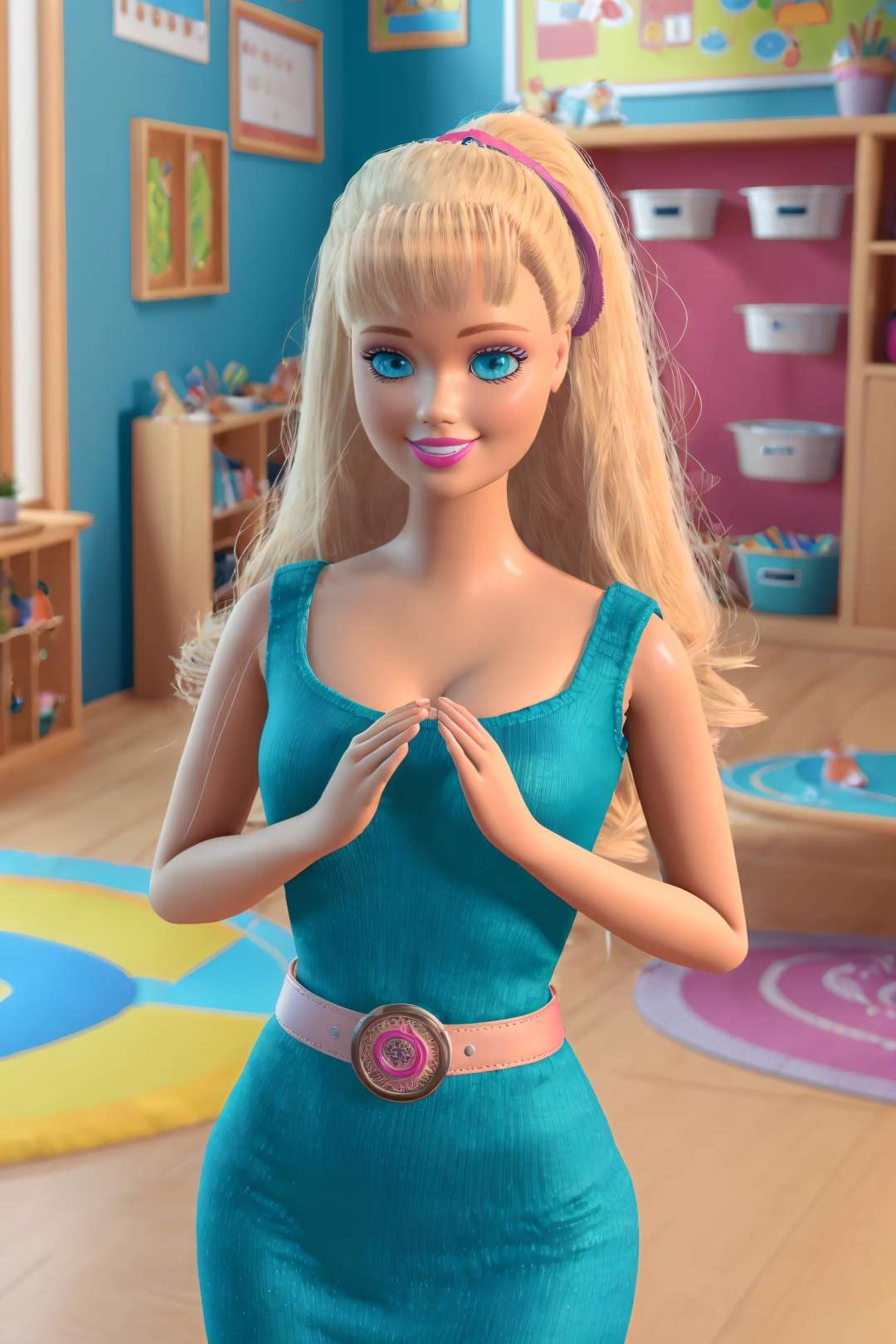 (8k, RAW photo, highest quality), ultra-detailed, 8k cg unity, 3d, centered, mid shot, (full body:1.2), ts_barbie in a blue dress and pink belt standing indoors, colorful kindergarten classroom in background, Pixar style, (perfect lighting and composition:1), soft lighting, (high detail, 8K resolution:1), hdr:0.7, detailed face, detailed eyes, blue eyes, eye reflection, perfect, upper teeth, (dynamic), hand on own chest, pose, (high quality:1.2), plastic skin, (shiny), hourglass figure, ((legwarmers)), (depth of field:0.8), 50mm, film grain:0.7, fujifilmXT3, focus face, smile, (looking at viewer:1.1), floating particles, analog style, (beautiful), light makeup, lipstick, pink theme, (thick waist and thighs:0.6), realistic, amazing composition, <lora:TS_Barbie-16:0.7>,  <lora:pixarStyleLora_lora128:0.3>