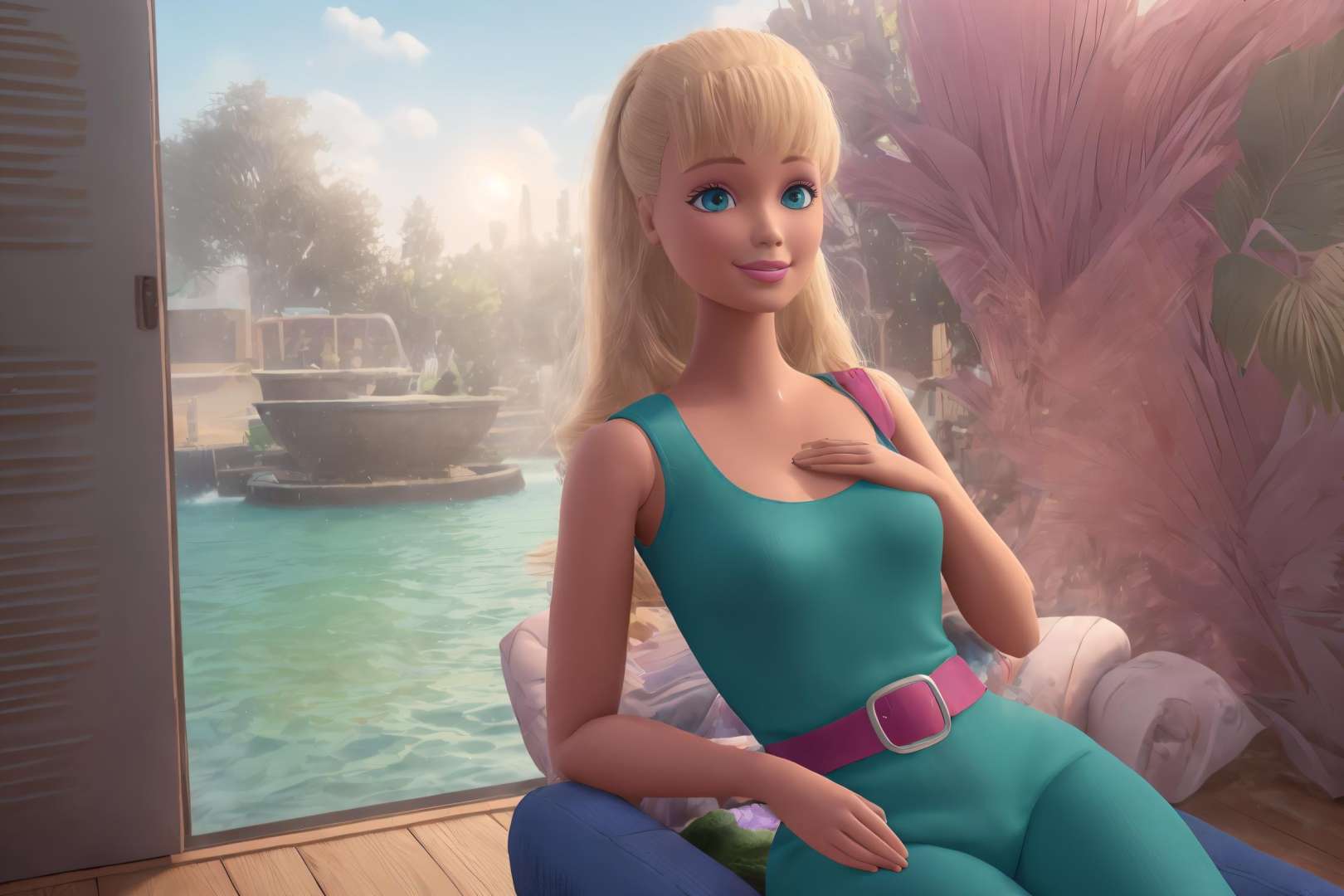 <lora:TS_Barbie-21:0.8>, (masterpiece, best quality), highres, (8k, RAW photo, highest quality), ultra-realistic, 3d, centered, (TS_Barbie), mid shot, (full body:1.2), beautiful, a cartoon girl sitting on a pink sofa in a blue jumpsuit and pink belt in the style of pixar, (legwarms), pink heels, (perfect lighting and composition:1),soft lighting, (high detail, 8K resolution:1), hdr:0.7, detailed face, perfect, (dynamic), pose, (high quality:1.2), plastic skin, ((shiny:1.3)), hourglass figure, smile, (depth of field:0.8), 50mm, film grain:0.7, fujifilmXT3, focus face, looking at viewer, (detailed eyes), floating particles, analog style, beautiful, light makeup, lipstick, (thick waist, thick arms, thick thighs:0.6), summer vacation, tropical, amazing composition, lively, ((volumetric lighting)), halation:0.5