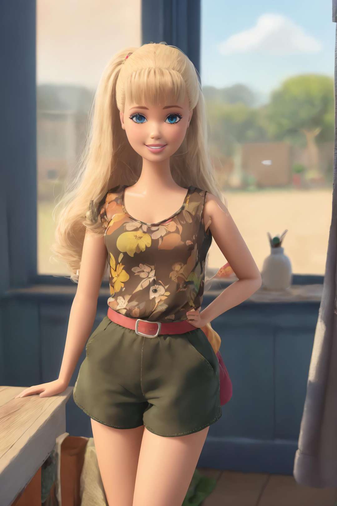 <lora:TS_Barbie-21:0.8>, (masterpiece, best quality), highres, (8k, RAW photo, highest quality), ultra-realistic, 3d, centered, (TS_Barbie), mid shot, (full body:1.2), beautiful, a cartoon girl standing in a colorful kindergarten classroom, blurry background, tank top, (brown shorts:1.2), blonde, long hair, in the style of pixar, brown shoes, (perfect lighting and composition:1),soft lighting, (high detail, 8K resolution:1), hdr:0.7, detailed face, perfect, (dynamic), pose, (high quality:1.2), plastic skin, ((shiny:1.3)), hourglass figure, smile, (depth of field:0.8), 50mm, film grain:0.7, fujifilmXT3, focus face, looking at viewer, blue eyes, (detailed eyes), floating particles, analog style, beautiful, light makeup, lipstick, (thick waist, thick arms, thick thighs:0.6), summer vacation, tropical, (amazing composition, lively), ((volumetric lighting)), window, curtains, ((depth of field)), (colorful:1.1)