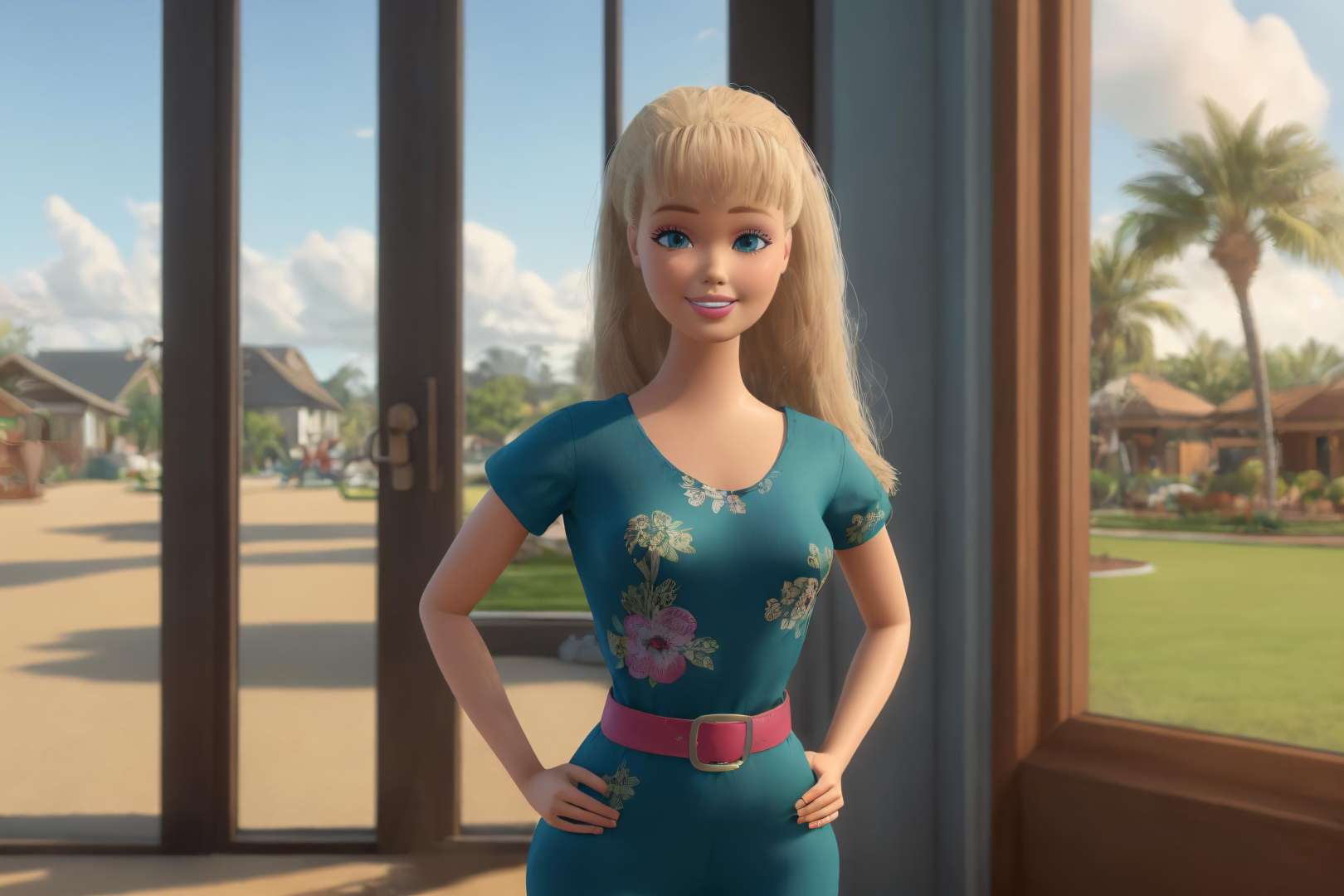 <lora:TS_Barbie-21:0.8>, (masterpiece, best quality), highres, (8k, RAW photo, highest quality), ultra-realistic, 3d, centered, (TS_Barbie), mid shot, (full body:1.2), a cartoon girl in a blue jumpsuit and pink belt in the style of pixar, (perfect lighting and composition:1),soft lighting, (high detail, 8K resolution:1), hdr:0.7, detailed face, perfect, (dynamic), pose, (high quality:1.2), plastic skin, ((shiny:1.3)), hourglass figure, smile, (depth of field:0.8), 50mm, film grain:0.7, fujifilmXT3, focus face, (sad:1.2), looking at viewer, detailed eyes, detailed face, floating particles, analog style, beautiful, light makeup, lipstick, (thick waist and thighs:0.6), summer vacation, tropical, palm tree, sandy beach, amazing composition, lively