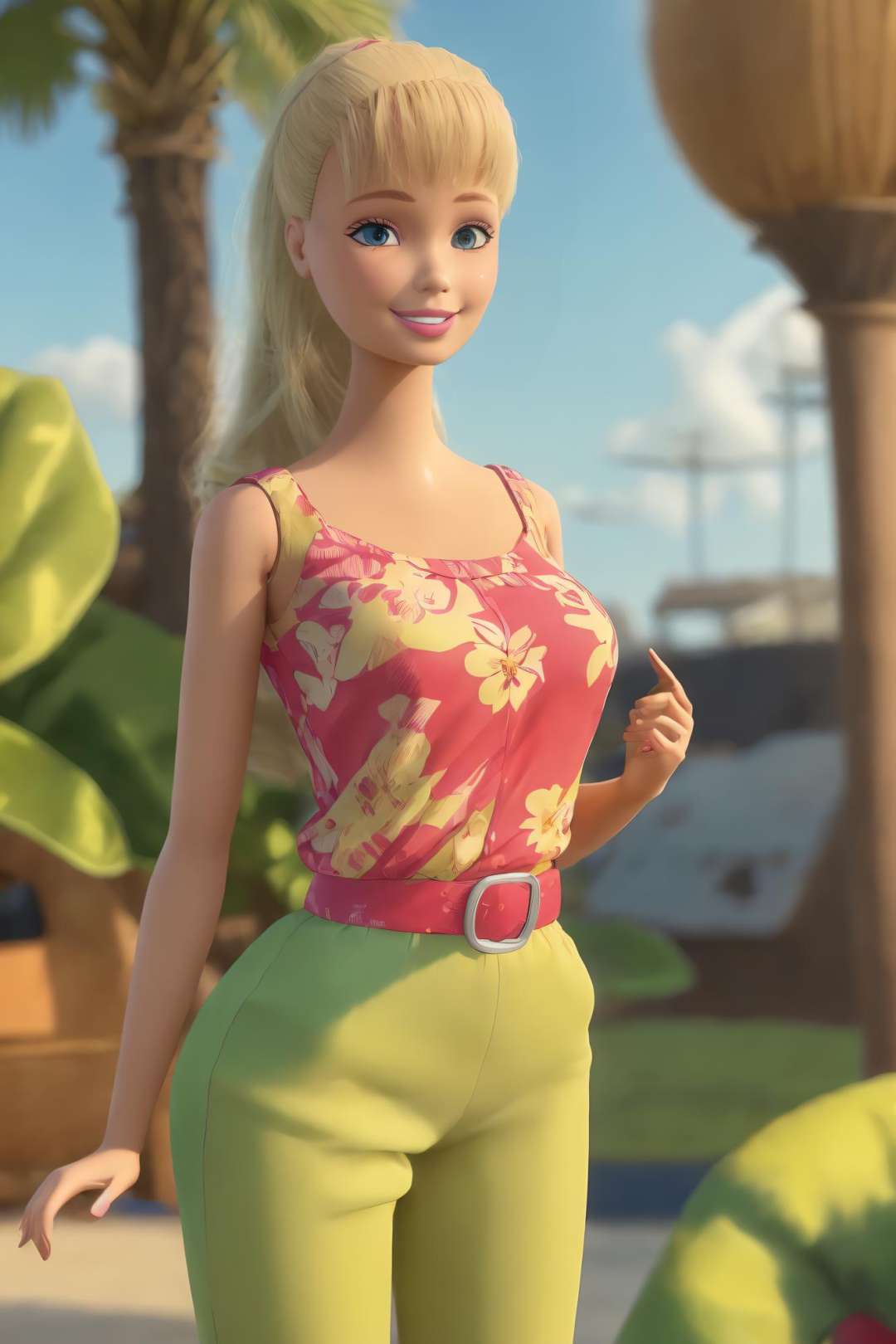 <lora:TS_Barbie-21:0.8>, (masterpiece, best quality), highres, (8k, RAW photo, highest quality), hyperrealistic, 3d, centered, (TS_Barbie), mid shot, (full body:1.2), a cartoon girl in a blue jumpsuit and pink belt in the style of pixar, (perfect lighting and composition:1),soft lighting, (high detail, 8K resolution:1), hdr:0.7, detailed face, perfect, (dynamic), pose, (high quality:1.2), plastic skin, ((shiny:1.3)), hourglass figure,  smile, (depth of field:0.8), 50mm, film grain:0.7, fujifilmXT3, focus face, (sad:1.2), looking at viewer, detailed eyes, detailed face, floating particles, analog style, beautiful, light makeup, lipstick, (thick waist and thighs:0.6), summer vacation, tropical, palm tree, sandy beach, amazing composition, lively, huge breasts
