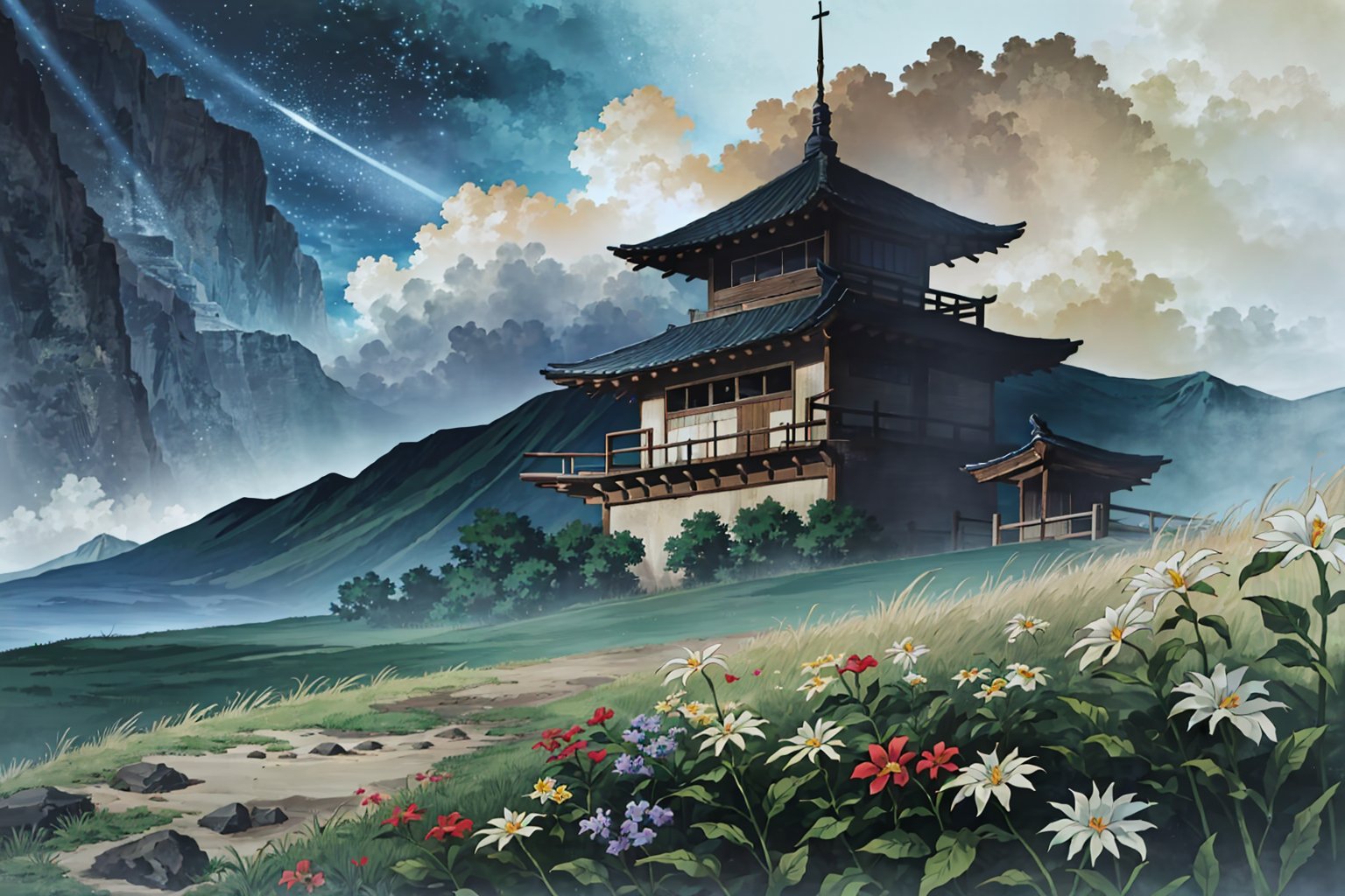 (Masterpiece, Best Quality:1.2), highres, official art, Ninjascroll, (Traditional media), manga,(ultra-detailed landscape), ((8k resolution wallpaper)), fantasy setting, (full angle view:1.2), (no humans:1.3), (anime screen:1.1), cinemascope aspect ratio, HDR, bloom:0.7 bokeh:0.3, (night sky, night, dark:1.3), (perfect shadows), fantasy, (gradients), floating particles, gorgeous, dynamic, [extremely detailed background], (textured), (patterned), nature, (scenery), paradise, field, multi-colored (flowers), tree, sky, grass, valley, cliff, east asian architecture, building, [wood], cinematic lighting:1.1, film grain:0.6, ( Fujifilm XT3 ), water, inverted reflection, wind, (atmosphere), rolling fog, bamboo forest in distance, outdoors, (ancient ruins), gorgeous mountainous horizon, darkness, volumetric lighting, 85mm, (shallow depth of field), intricate, (details:1.2), perfect composition:1.1,  <lora:NinjaScroll-10:0.8>,  <lora:epiNoiseoffset_v2:0.4>