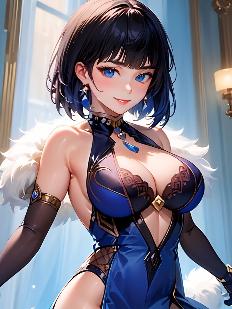 (((masterpiece))), ((best quality)), hyper quality, official art, extremely detailed CG unity 8k wallpaper, highly detailed, (super fine illustration), highres, (ultra-detailed), detailed face4, 
(\ye lan\), 1girl, solo, bangs, gloves,  bare shoulders, looking at viewer, fur trim, elbow gloves, blue dress, jewelry, full body, parted lips, black gloves, clothing cutout, sleeveless, cleavage cutout, earrings, smile, 