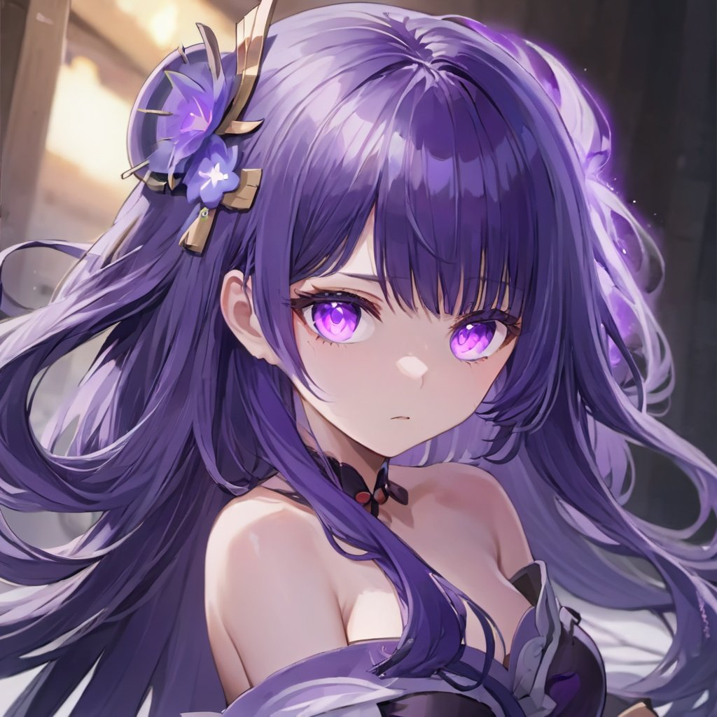 leishen, 1girl, raiden shogun, solo, hair ornament, purple eyes, purple hair, 