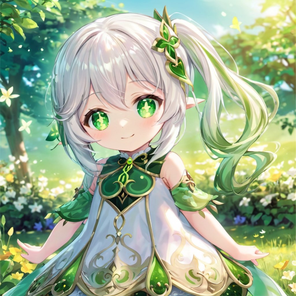 (\na xi tan\),1girl, solo, dress, smile, looking at viewer, gradient hair, white dress, cross-shaped pupils, long hair, outdoors, white hair, green hair, 