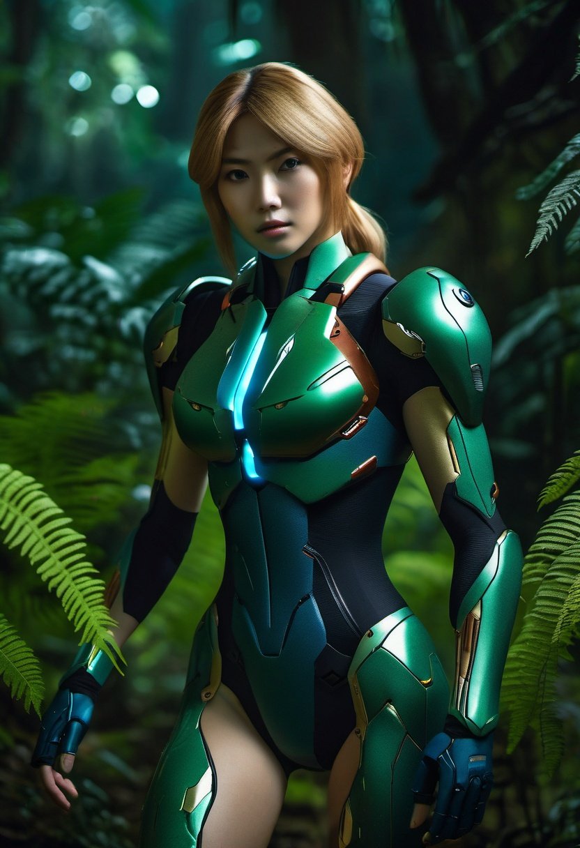 a   samus wearing zerosuit, beautiful face, fit body walking in a jungle,  green jungle full of trees and ferns and flowers, dust, surrounded by dark monsters will glowing eyes, dramatic lighting, masterpiece, 8k, highly detailed, ultra realistic, dramatic composition, foreboding, dark, best composition, classic, photorealistic, ultra sharp, ultra realistic, masterpiece, close up of skin, skin pores, 8k, ultra high res, sharpened, crisp, 100-400mm lens