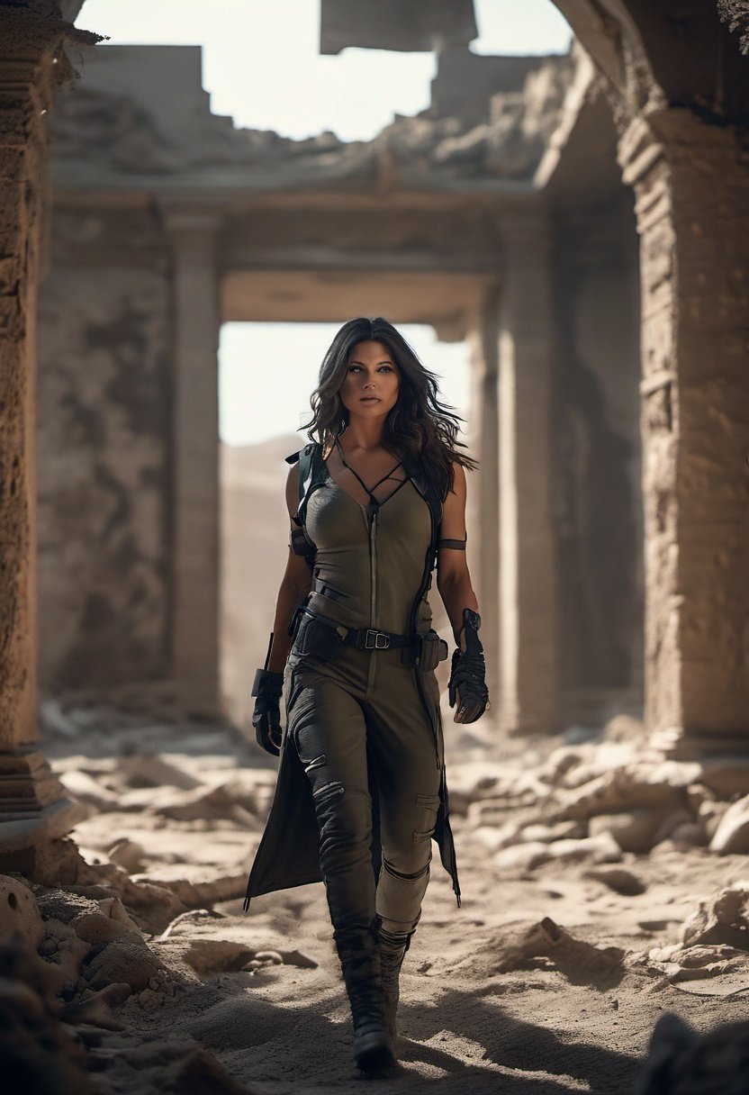 The Huntress Helena Bertinelli walking in  deserted ruin in  apocalyptic wasteland, full of radiation, dust, surrounded by dark monsters wilthglowing eyes, dramatic lighting, masterpiece, 8k, highly detailed, ultra realistic, dramatic composition, foreboding, dark,  telephoto lens, best composition, classic, photorealistic, ultra sharp, ultra realistic, masterpiece, highly detailed face, highly detailed eyes, highly detailed fingers, highly detailed skin, highly detailed lips, close up of skin, skin pores, 8k, ultra high res, sharpened, crisp, 100-400mm lens, ( grey  eye color:0.5)