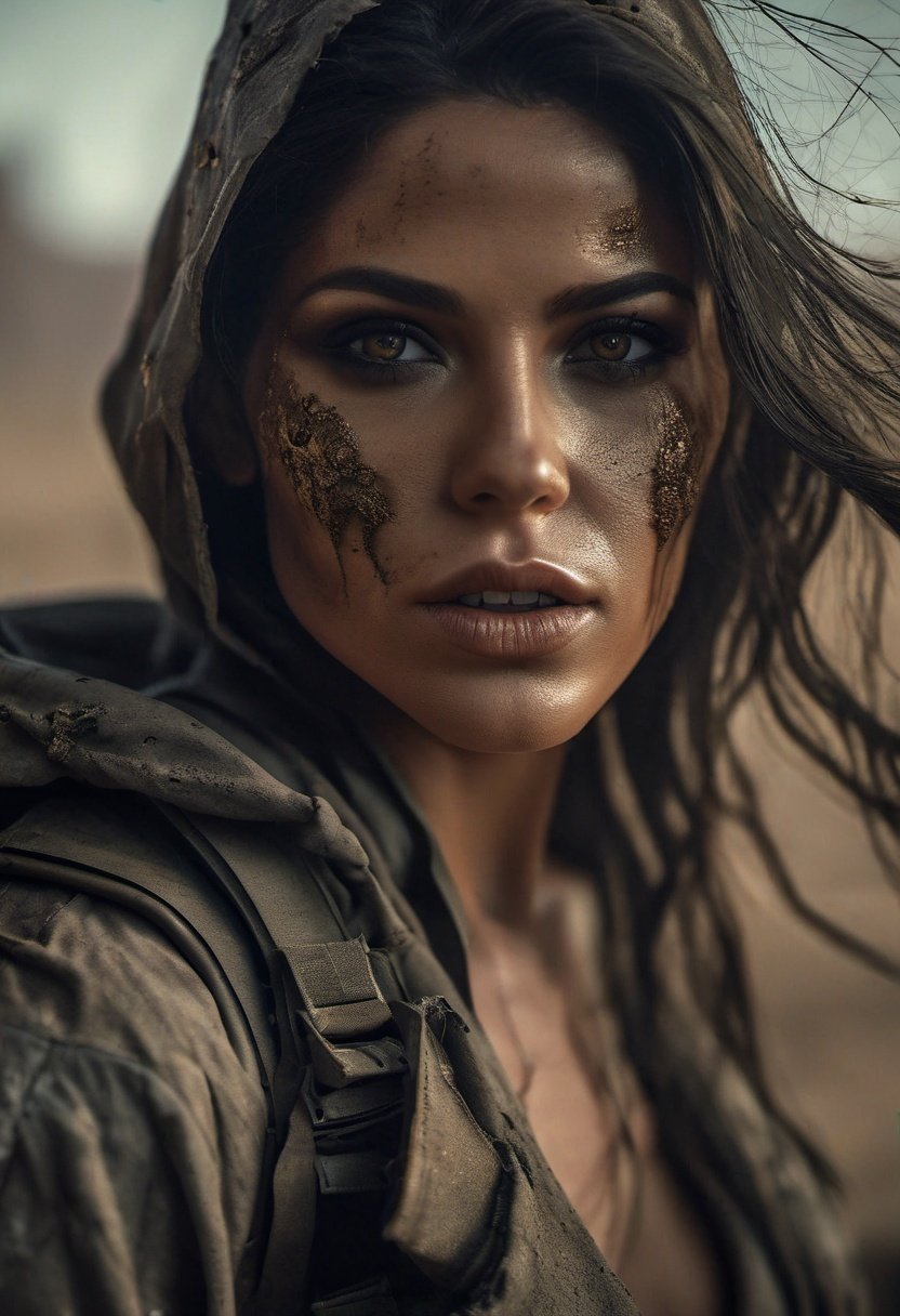 The Huntress Helena Bertinelli walking in  deserted ruin in  apocalyptic wasteland, full of radiation, dust, surrounded by dark monsters wilthglowing eyes, dramatic lighting, masterpiece, 8k, highly detailed, ultra realistic, dramatic composition, foreboding, dark,  telephoto lens, best composition, classic, photorealistic, ultra sharp, ultra realistic, masterpiece, highly detailed face, highly detailed eyes, highly detailed fingers, highly detailed skin, highly detailed lips, close up of skin, skin pores, 8k, ultra high res, sharpened, crisp, 100-400mm lens, ( grey  eye color:0.5)