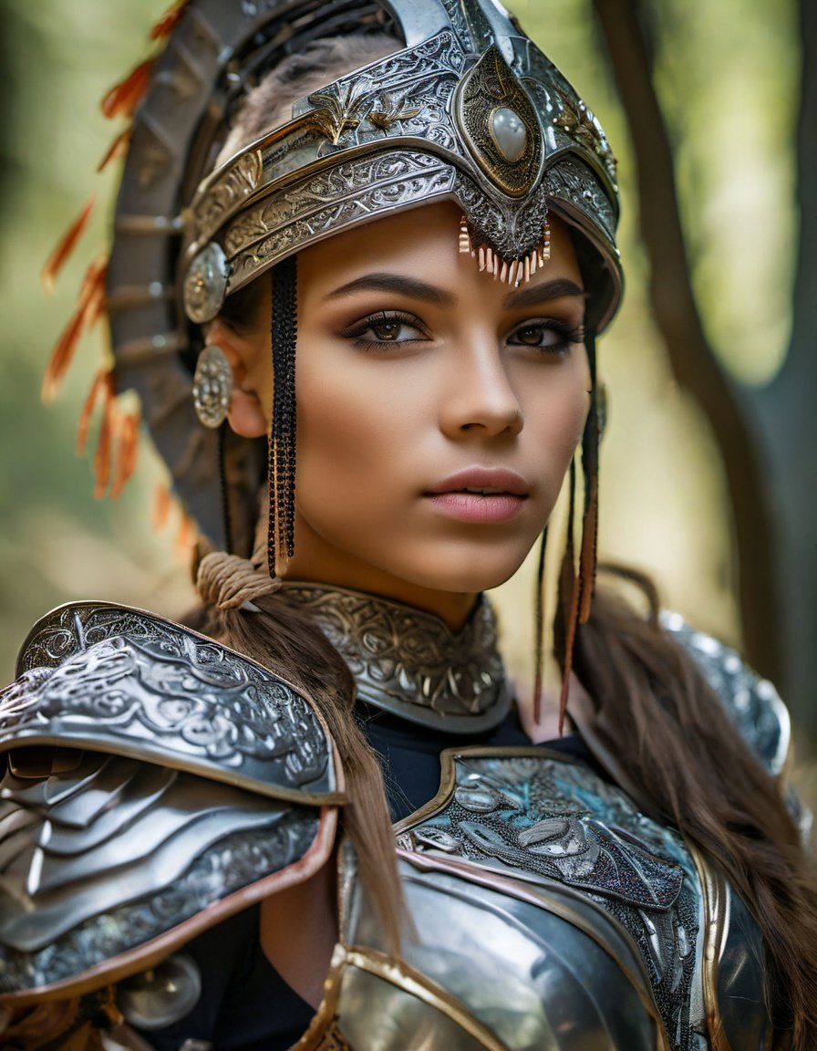 photograph of  beautiful woman 16  year old  a warrior wearing ornate armor walking in dense forest, muscular body, slender body, sexy , skin, 8k, highly detailed, nikon, dslr, hdr, 100-400mm telephoto lens, composition, best composition, classic, photorealistic, ultra sharp, ultra realistic, masterpiece, highly detailed face, highly detailed eyes, highly detailed fingers, highly detailed skin, highly detailed lips, close up of skin, skin pores, 8k, ultra high res, sharpened, crisp, 100-400mm lens, ( grey  eye color:0.5)