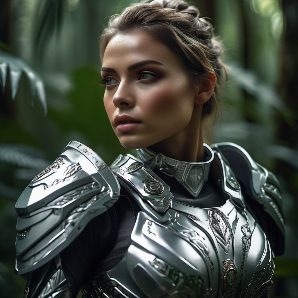 a  woman solider wearing silver technological armor  beautiful face, fit body, sword in hand  walking in a  jungle,  green jungle full of trees and ferns and flowers , dust, surrounded by dark monsters will glowing eyes, dramatic lighting, masterpiece, 8k, highly detailed, ultra realistic, dramatic composition, foreboding, dark  telephoto lens, best composition, classic, photorealistic, ultra sharp, ultra realistic, masterpiece, highly detailed face, highly detailed eyes, highly detailed fingers, highly detailed skin, highly detailed lips, close up of skin, skin pores, 8k, ultra high res, sharpened, crisp, 100-400mm lens, ( grey  eye color:0.5)