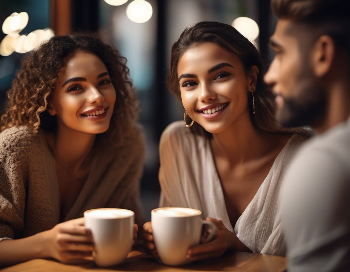 a  group of friends enjoying evening coffee in a cafe, round wooden tables, warm atmosphere  night , dramatic lighting, masterpiece, 8k, highly detailed, ultra realistic, dramatic composition, warm, happy atmosphere  telephoto lens, best composition, classic, photorealistic, ultra sharp, ultra realistic, masterpiece, highly detailed face, highly detailed eyes, highly detailed fingers, highly detailed skin, highly detailed lips, close up of skin, skin pores, 8k, ultra high res, sharpened, crisp, 100-400mm lens, ( grey  eye color:0.5)