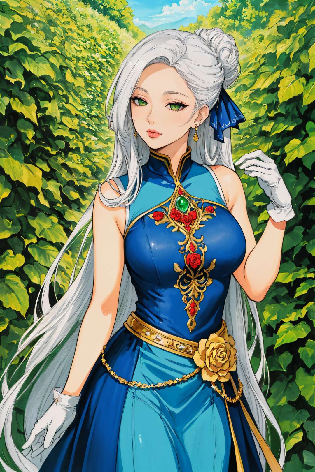 (Masterpiece, Best Quality:1.3), highres, 8k, highly detailed, 2d, (faux traditional media:1.3), manga, illustration, (mature female:1.3), fantasy, thick lineart, outline, ((centered)), flower, cowboy shot, flower dress, leaf, solo, green eyes, polka dot, 1girl, sparkle, bush, closed mouth, lipstick, half-closed eyes, earrings, sleeveless, standing, gloves, overgrowth, looking at viewer, outdoors, leaves, long hair, jewelry, white gloves, nature,  (half updo, very long hair:1.4), ((depth of field)), 85mm, hyperrealistic, film grain, colorful, rose garden