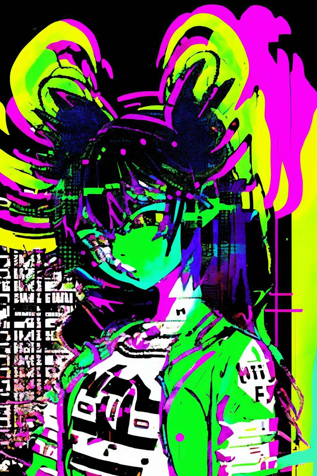 anime girl :1.3 , Vibrant neon colors clash and meld together, forming an electrifying visual representation of breakcore's genre-bending soundscapes:1.5, vibrant neon colors:1.2, clash and meld:1.2, electrifying visual representation:1.1, breakcore's genre-bending soundscapes:1.2. , breakcore