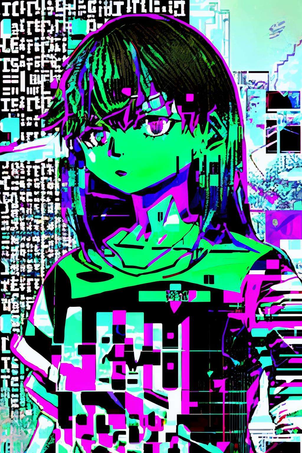 anime girl :1.3 , Digital glitches cascade across the screen, forming and dissolving in rapid succession, mirroring the glitch-driven nature of breakcore music:1.5, digital glitches:1.2, cascade across the screen:1.2, forming and dissolving:1.1, rapid succession:1.1, glitch-driven nature:1.1, breakcore music:1.2. , breakcore