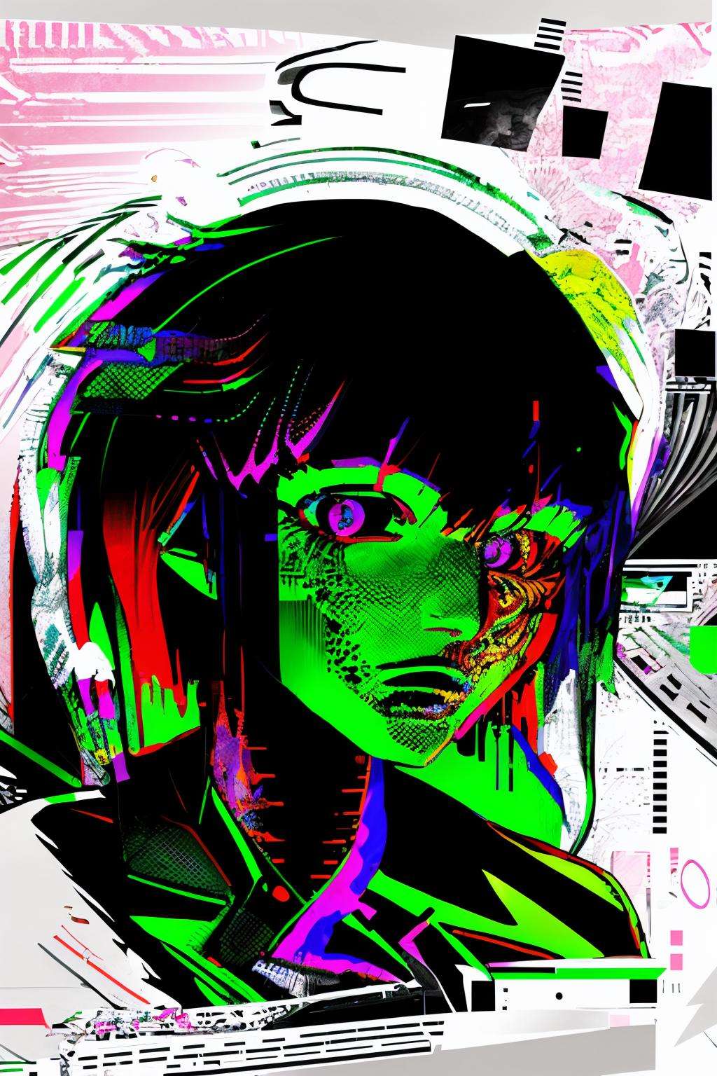 breakcore , A chaotic collage of distorted imagery and fragmented textures swirls in a vortex of visual intensity, evoking the dissonance and complexity of breakcore compositions:1.5, chaotic collage:1.2, distorted imagery:1.2, fragmented textures:1.1, swirls in a vortex:1.1, visual intensity:1.1, dissonance and complexity:1.1, breakcore compositions:1.2.