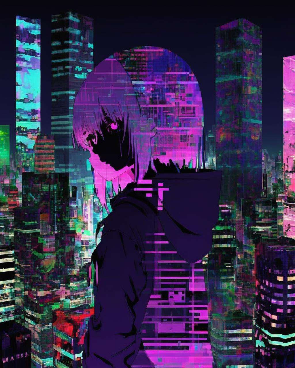 anime girl :1.3 , An animated glitch cityscape unfolds, its skyscrapers and streets morphing and shifting in sync with the breakcore beats, creating a digital urban symphony:1.5, animated glitch cityscape:1.2, unfolds:1.2, skyscrapers and streets:1.1, morphing and shifting:1.1, sync with the breakcore beats:1.1, digital urban symphony:1.2. , breakcore<lora:breakcore_sdxl:1.0>