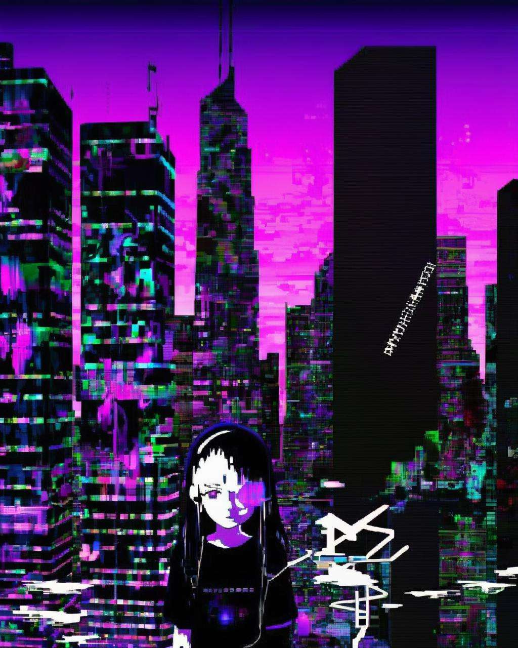 anime girl :1.3 , An animated glitch cityscape unfolds, its skyscrapers and streets morphing and shifting in sync with the breakcore beats, creating a digital urban symphony:1.5, animated glitch cityscape:1.2, unfolds:1.2, skyscrapers and streets:1.1, morphing and shifting:1.1, sync with the breakcore beats:1.1, digital urban symphony:1.2. , breakcore<lora:breakcore_sdxl:1.0>