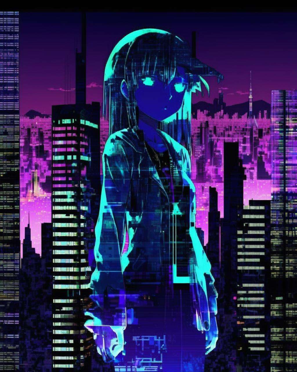 anime girl :1.3 , An animated glitch cityscape unfolds, its skyscrapers and streets morphing and shifting in sync with the breakcore beats, creating a digital urban symphony:1.5, animated glitch cityscape:1.2, unfolds:1.2, skyscrapers and streets:1.1, morphing and shifting:1.1, sync with the breakcore beats:1.1, digital urban symphony:1.2. , breakcore<lora:breakcore_sdxl:1.0>