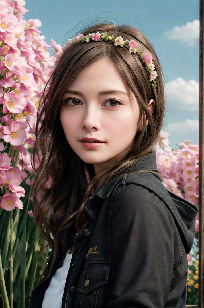 mai 1girl, a young woman, upper body, (looking at viewer:1.3), (schoolgirl jacket), (flower crown), (beautiful city, beautiful sky background), natural skin color, (closed mouth:1.2), (medium breast), floating hair, beautiful expression, face detailed, eyes detailed, iris detailed, masterpiece, best quality, photorealistic, hyper realistic, ultra detailed, perfect lighting, depth of field, shadows, highres, <lora:shiraishimai-000008:1>