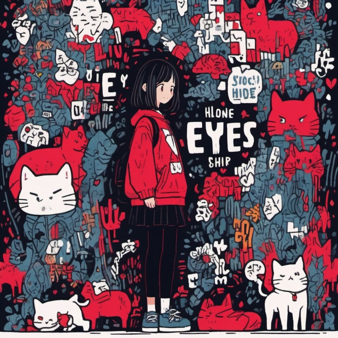 1girl, red eyes, red background, hood, backpack, cat, red hoodie, drawstring, black hair, shoes, hood down, hoodie, long sleeves, solo, bag, holding, hair ornament, english text, socks, earrings, white footwear, bangs, looking at viewer, jewelry, sneakers, phone, standing, blush, full body, skirt, medium hair, black socks, hairclip, red theme, speech bubble, holding phone, closed mouth, cellphone, sleeves past wrists, animal, short hair, simple background, black skirt, romaji text,