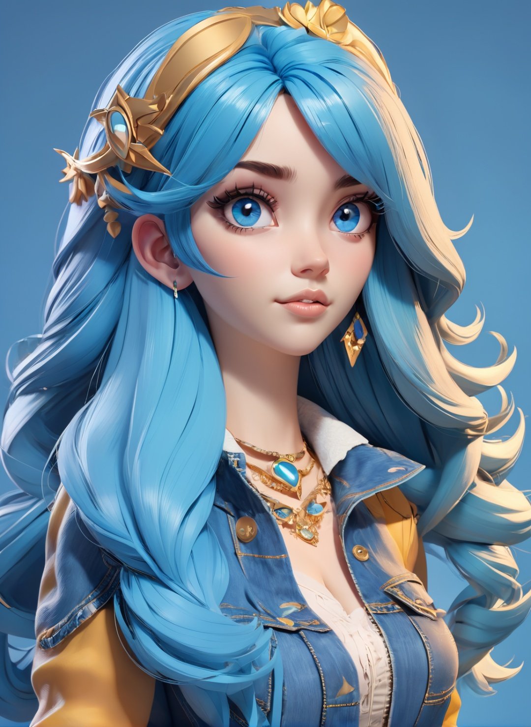 <lora:3d_toon_xl:1> 3d toon style, 1girl, solo, long hair, jewelry, earrings, jacket, pants, blue hair, blue eyes, denim, breasts, very long hair, tiara, looking at viewer, hairband, blue background, shirt, necklace, open clothes, lips, cowboy shot, bangs