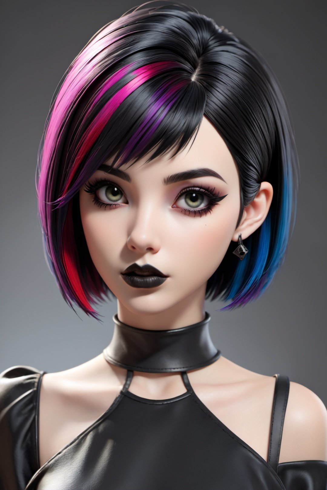 3d toon style,1girl,solo, upper body,looking at viewer, white background, bob cut, short hair, multicolored hair, makeup , parted lips, black lips, eyeliner, gothic, goth girl