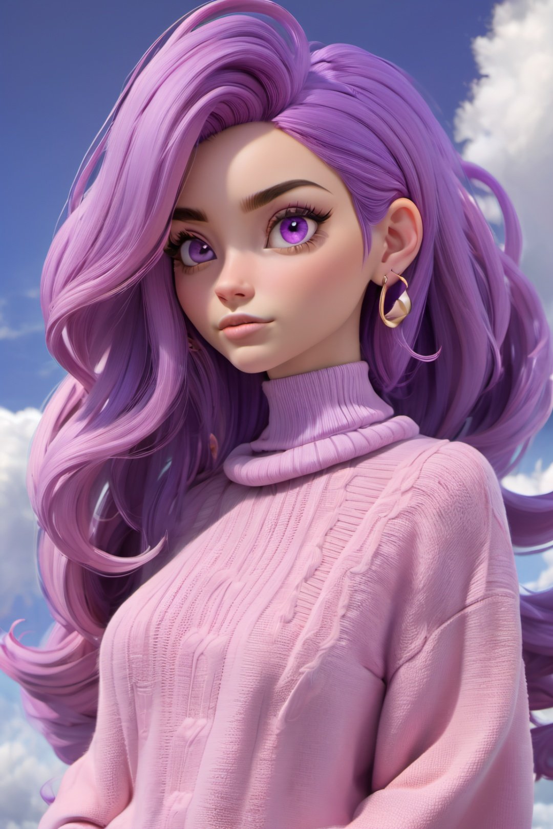  3d toon style, 3d toon style, 1girl, solo, long hair, jewelry, earrings, purple eyes, purple hair, sweater, looking at viewer, cloud, upper body, breasts, pink hair, sky, eyelashes, closed mouth, lips, turtleneck, cloudy sky, ribbed sweater, nose