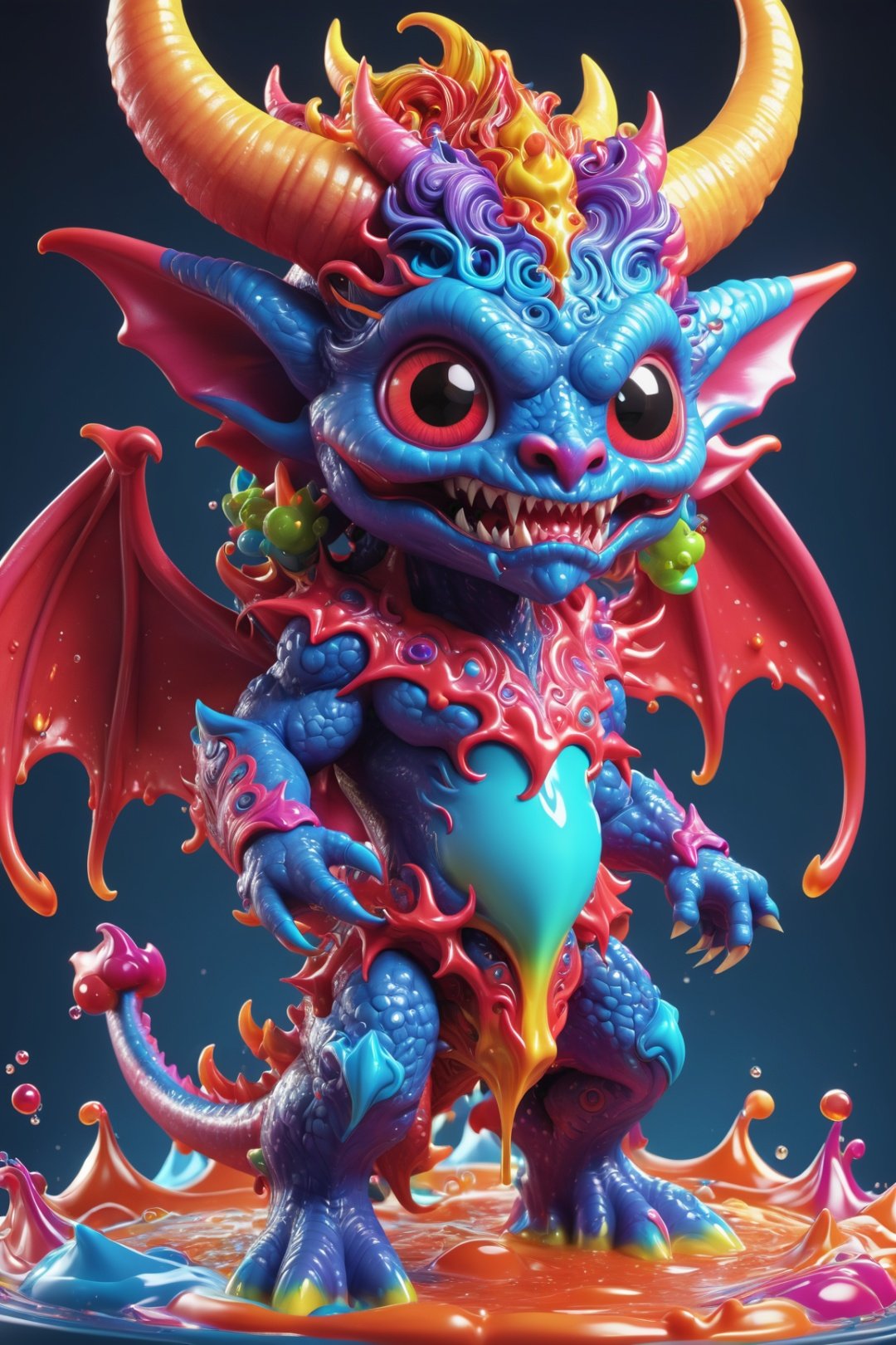 3d toon style,a liquid cute and adorable demon made of colours, hyperdetailed intricately detailed, fantastical, intricate detail, splash screen, complementary colours, fantasy, concept art, 8k resolution, 