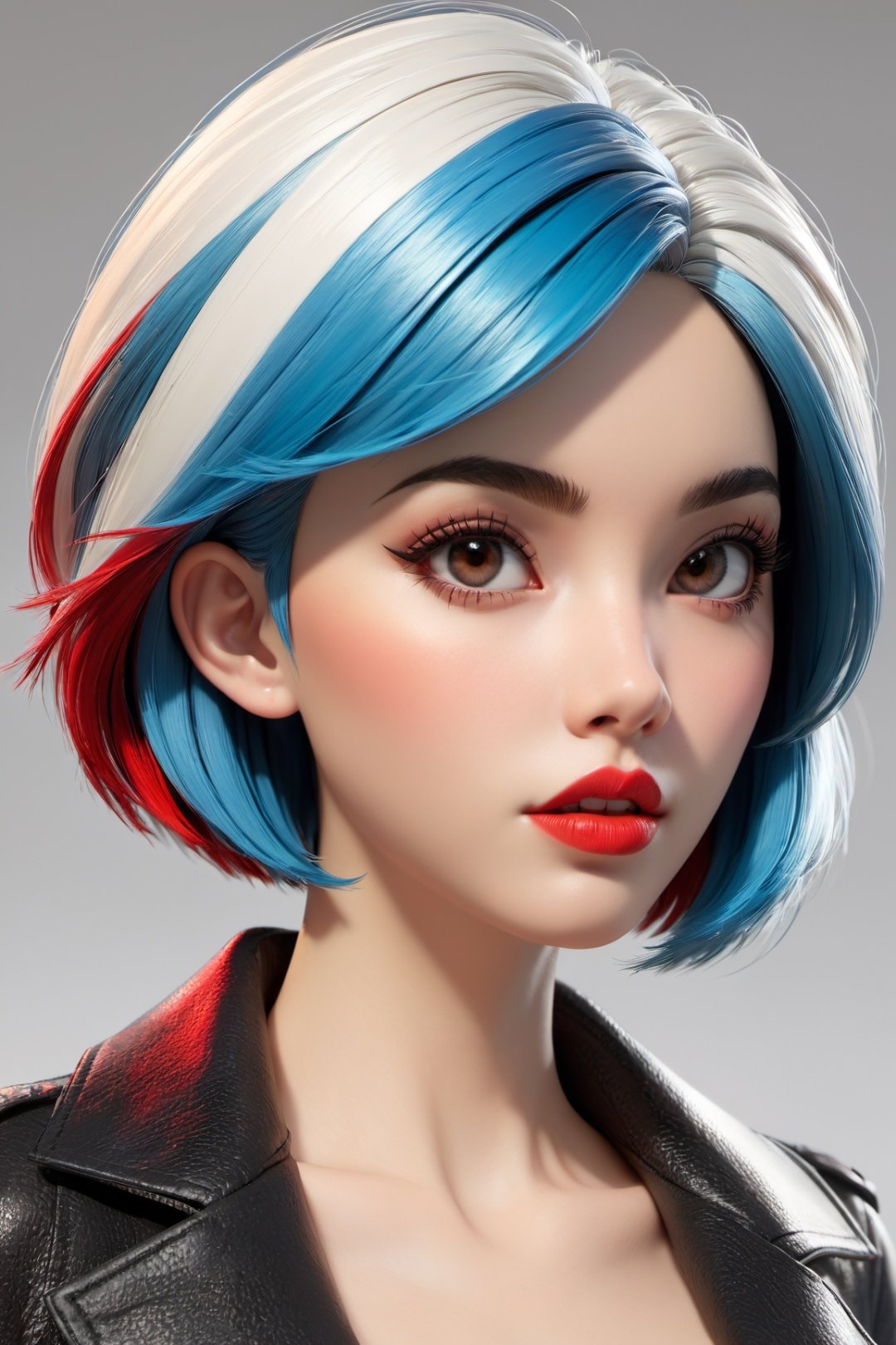 3d toon style,1girl,solo, upper body,looking at viewer, white background, bob cut, short hair, multicolored hair, makeup , parted lips, red lips, eyeliner,