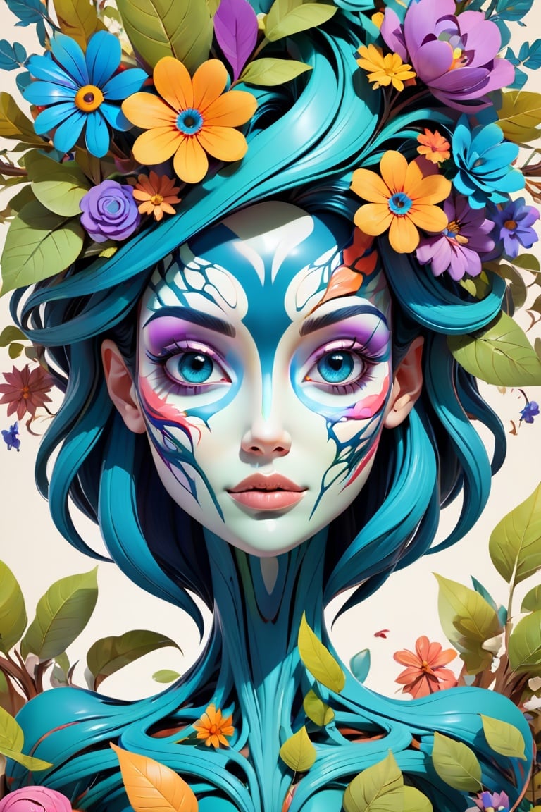 3d toon style, an abstract colorul face, leafes, trees, flowers, veins, bones