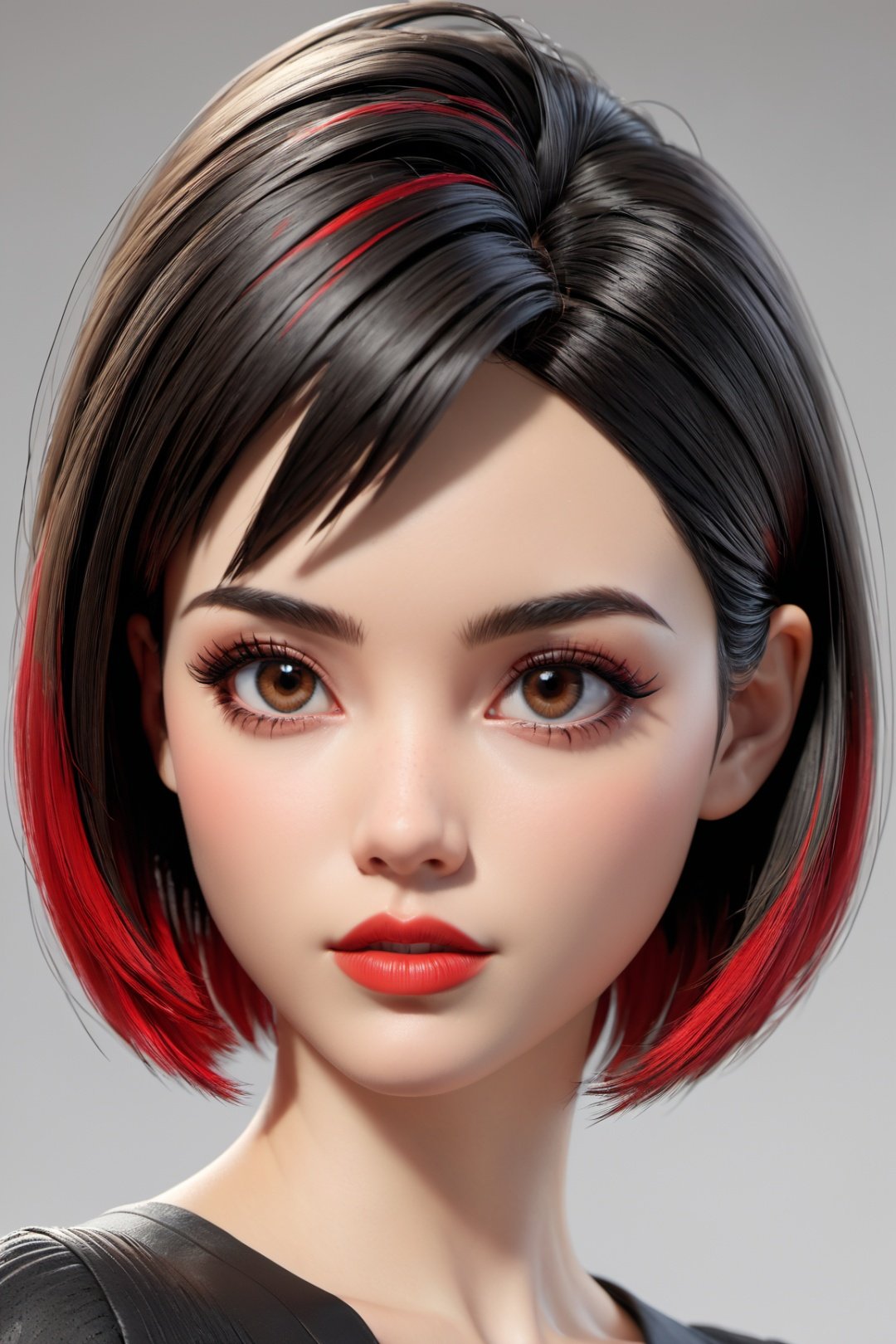 3d toon style,1girl,solo, upper body,looking at viewer, white background, bob cut, short hair, multicolored hair, makeup , parted lips, red lips, eyeliner,