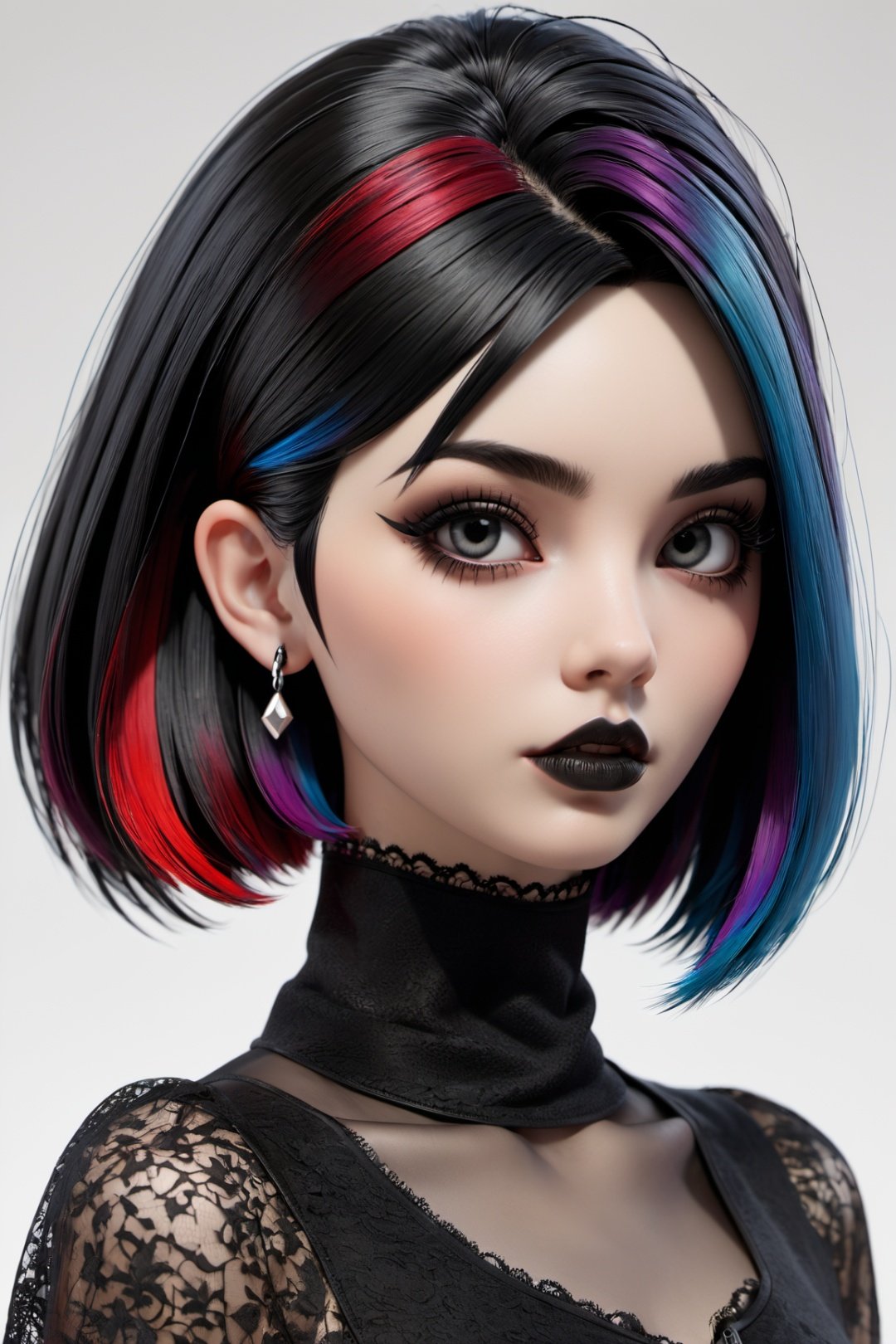 3d toon style,1girl,solo, upper body,looking at viewer, white background, bob cut, short hair, multicolored hair, makeup , parted lips, black lips, eyeliner, gothic, goth girl